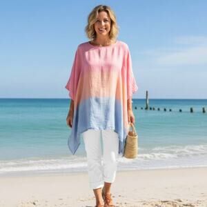 Hand Dyed Linen Tunic Ponco Swim Cover Up Art to Wear Gradient Womens OS Fairy